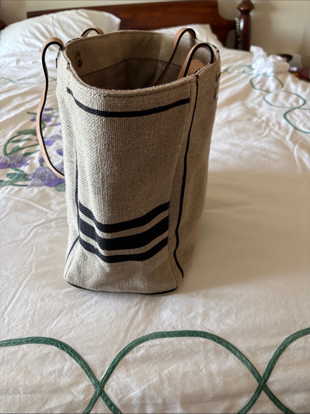 Canvas Stripe Tote Bag - Beige with Dark Navy Stripes - Picture 2 of 4